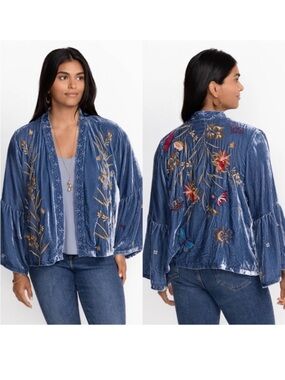 Johnny Was Aria Ruffle Sleeve Blue Velvet Bolero Embroidery Floral Bee Butterfly